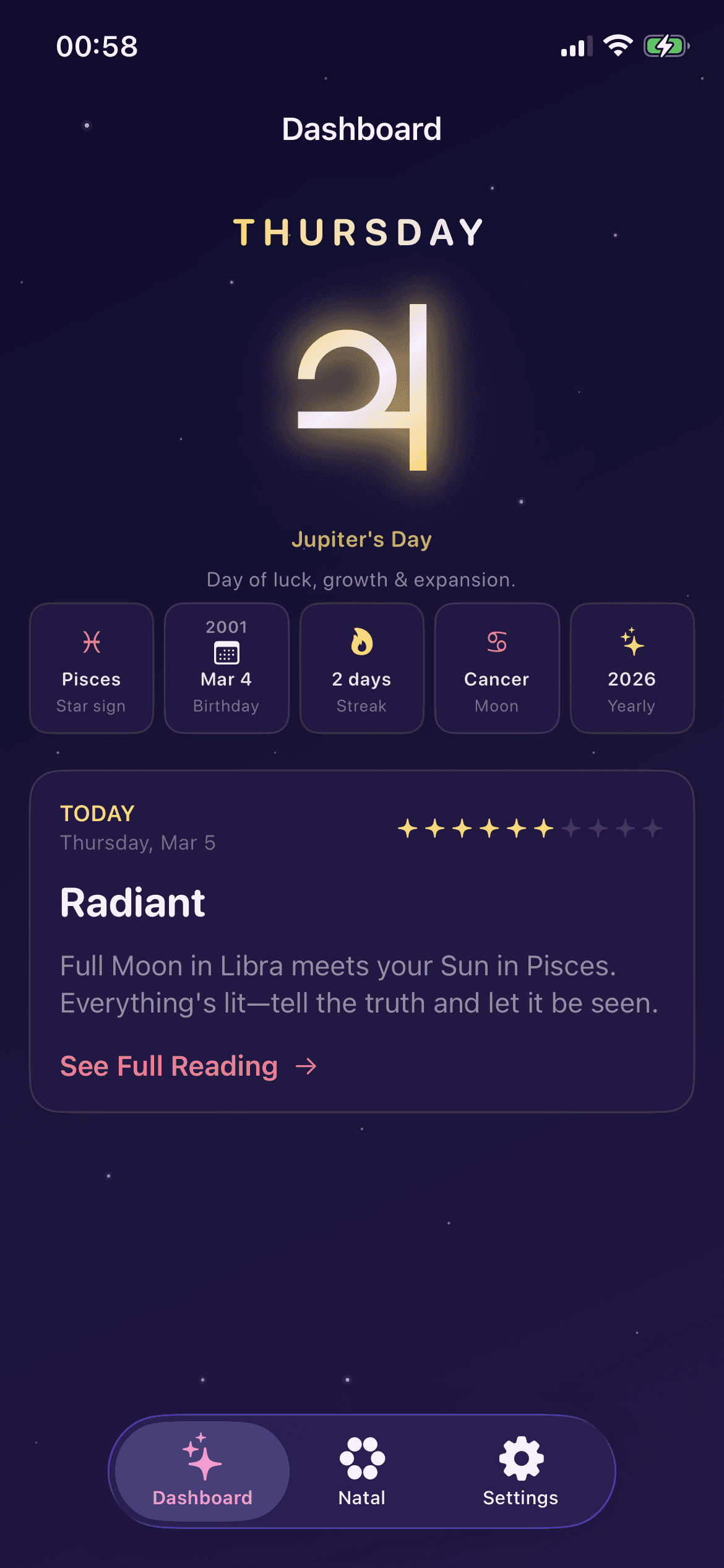 Zodia dashboard showing daily horoscope, luck meter, and streak