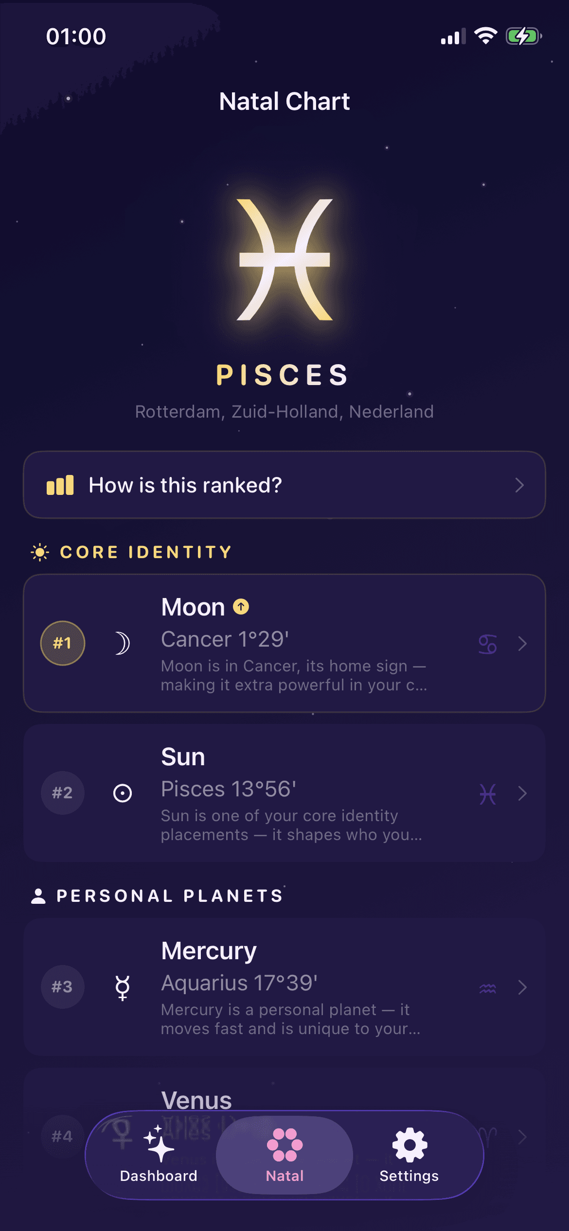 Zodia natal chart with planetary positions