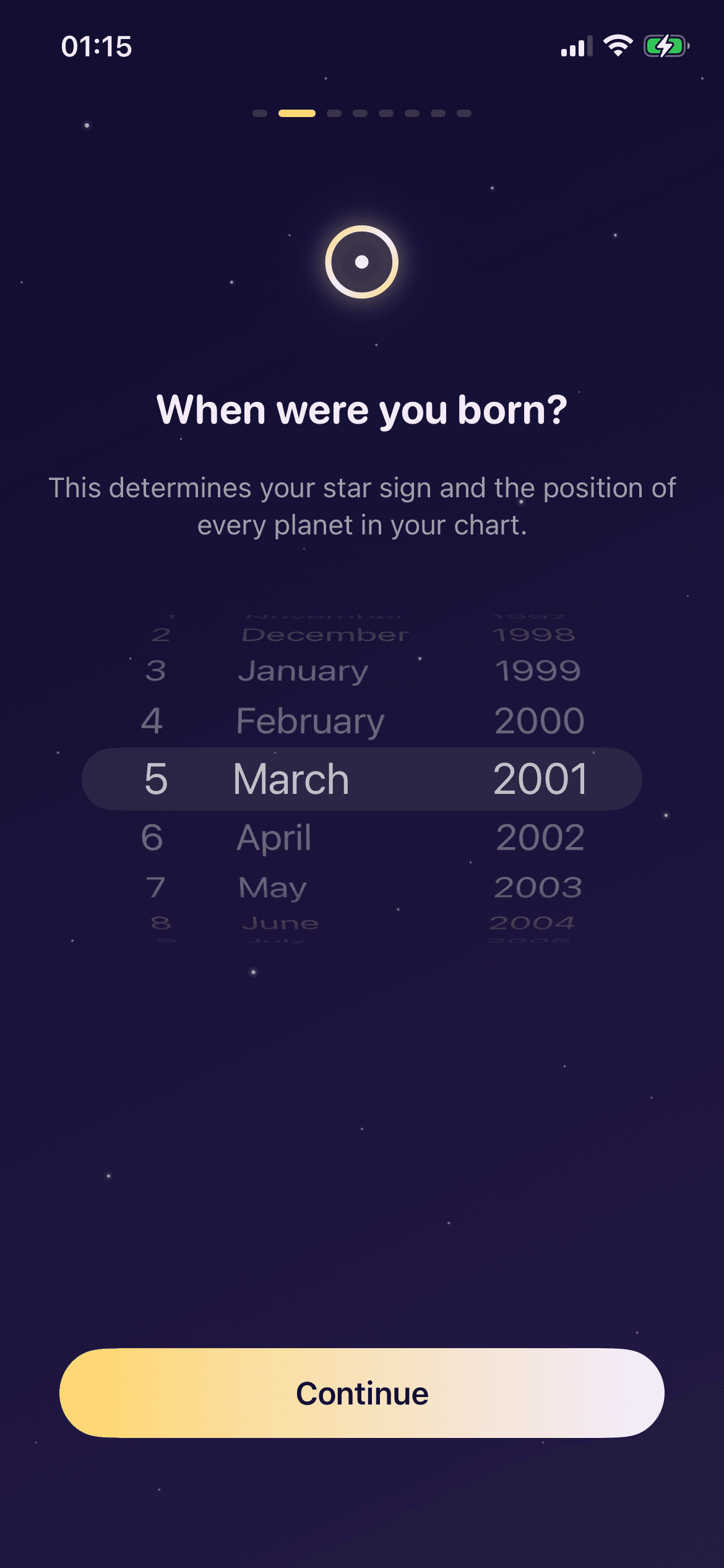 Zodia onboarding — enter your birthday